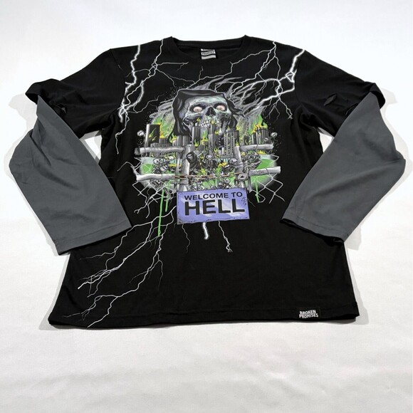 Broken Promises Welcome to Hell Graphic Print Long Sleeve T-Shirt Black Men XS - Picture 1 of 10